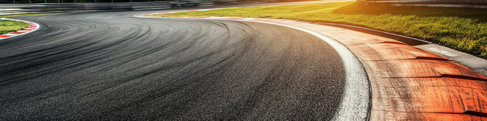  Motor racing track. A sleek, curving motor racing track with smooth asphalt, sharp turns, and marked lines. Race track curve road.