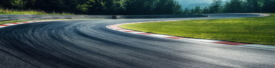  Motor racing track. A sleek, curving motor racing track with smooth asphalt, sharp turns, and marked lines. Race track curve road.