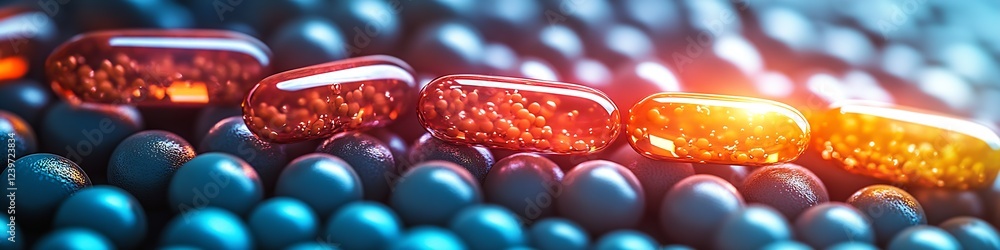 Aufkleber a vibrant collection of colorful capsules and pills disposed over a reflective surface with light ef