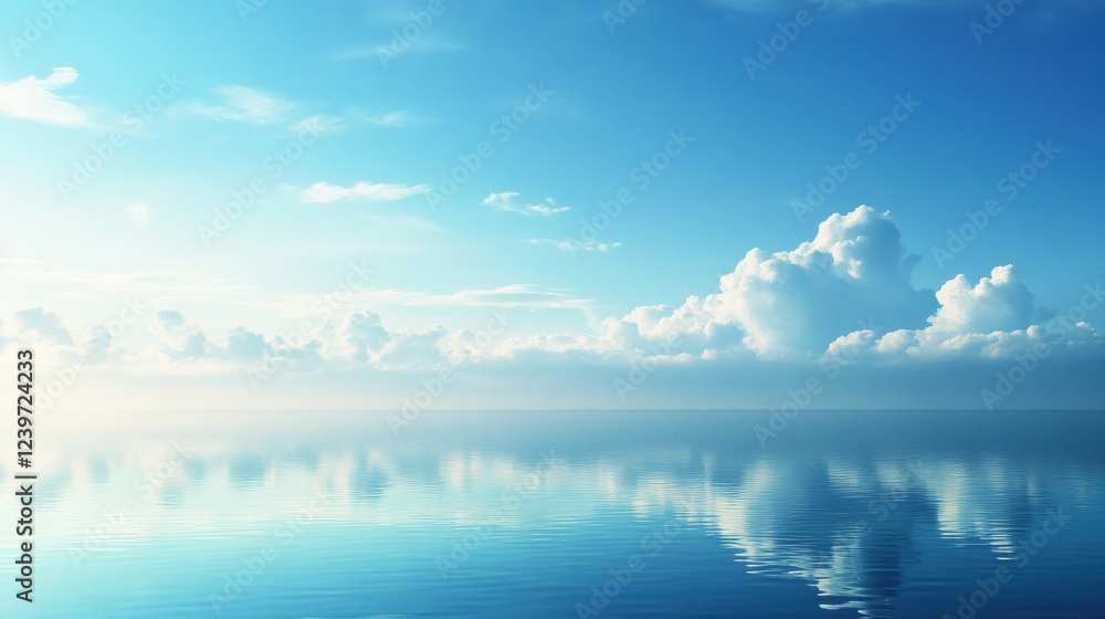 Leinwandbilder serene view of calm ocean waters reflecting fluffy clouds under a bright blue sky during daylight ho