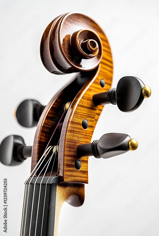Poster artistic close up of violin scroll and tuning pegs emphasizing quality craftsmanship : generative ai