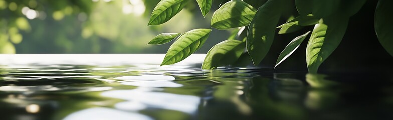 Detailed Close Up of Vibrant Green Leaves with Reflections on Still Water Surface : Generative AI