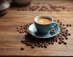 Fototapeta premium Espresso cup sitting on a vintage table with coffee beans scattered around it , ceramic tableware, coffee table, coffee beans