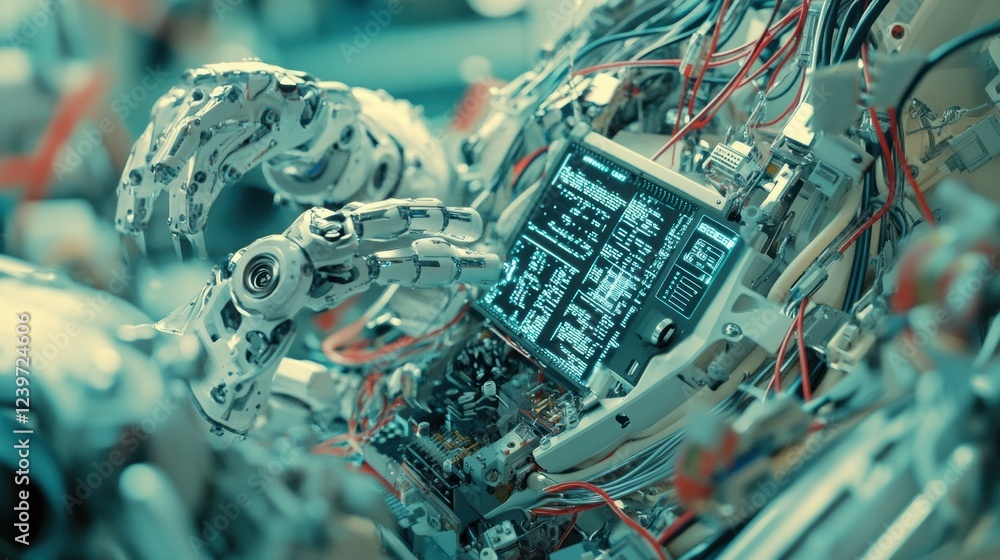 Poster advanced robotic hands are interacting with a touchscreen, showcasing cutting edge technology in a m