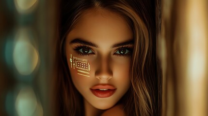 Portrait of a young woman with digital face art, illuminated by soft lighting in a modern setting