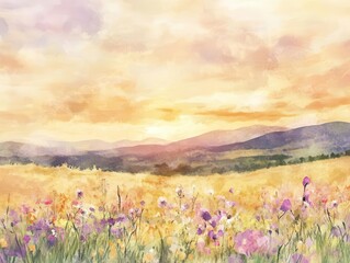 Fototapeta premium ethereal digital watercolor wildflower field at sunset, dreamy pastels blending into rich golden hour hues