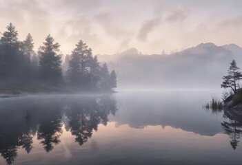 Fototapeta premium Ethereal landscape with soft, white fog rolling over a serene lake at dawn, lake, sunrise, nature