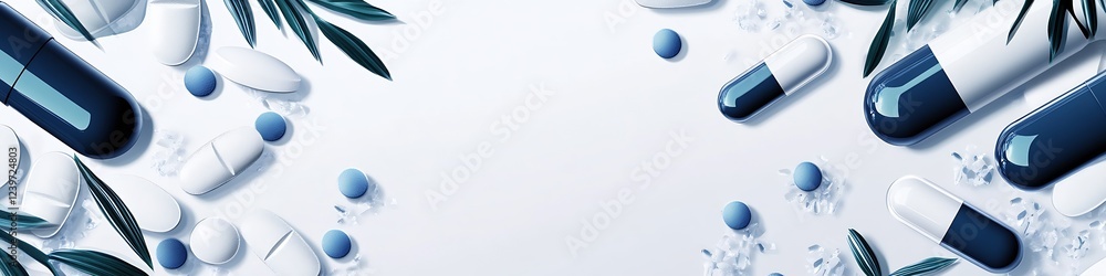 Poster Dynamic Arrangement of Blue and White Capsules with Natural Elements on Light Background : Generative AI