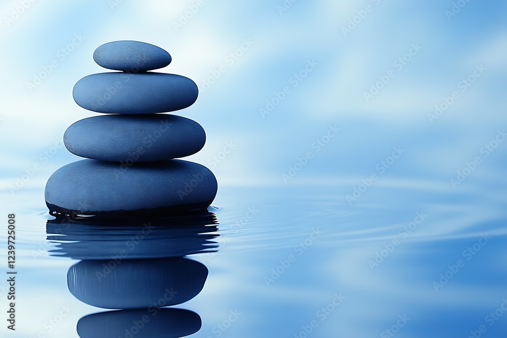 Poster elegant stacked stones reflecting gently in calm water with blue sky for tranquility and relaxation 