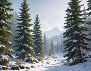 Fototapeta premium Evergreen fir trees stand tall amidst a snowy forest landscape, forest, evergreen, winter