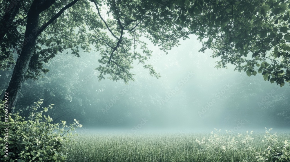 Poster misty morning in a tranquil forest with lush greenery and soft light filtering through the trees. ge