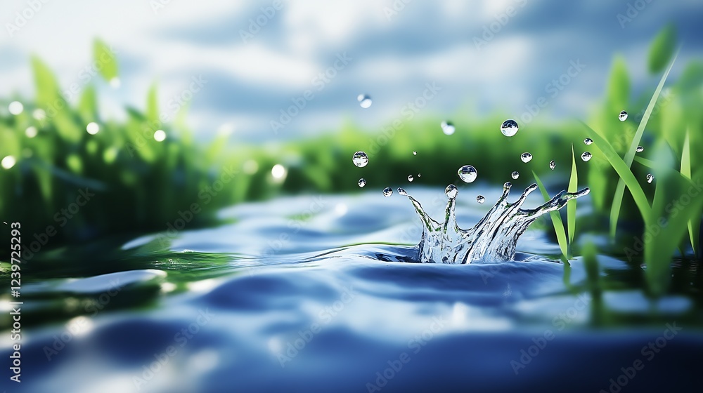 Aufkleber captivating water splash in a lush green setting capturing nature's beauty under soft clouds : gener