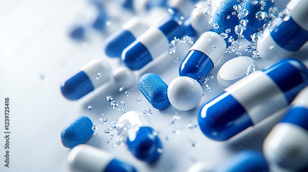 Poster close up of colorful capsules and tablets immersed in bubbles representing healthcare and medicine :