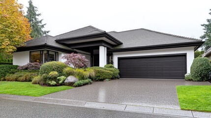 Modern house, autumn landscape, driveway, landscaping, real estate