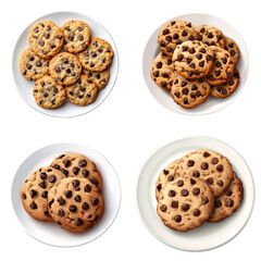 Delicious chocolate chip cookies arranged on white plates with a transparent background for easy use in various designs