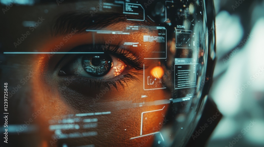 Poster close up of an astronaut's eye behind a futuristic helmet with a head up display showing data and in