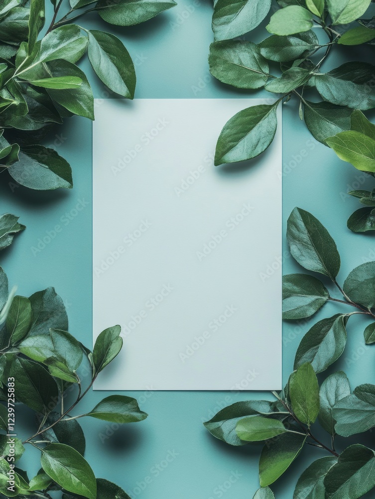 Poster leafy arrangement surrounding a blank paper on a turquoise background for creative design ideas or s