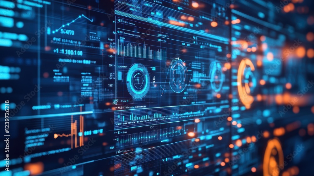 Poster futuristic interface showcasing real time data analysis and key performance indicators for innovativ