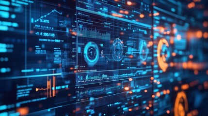 Futuristic interface showcasing real time data analysis and key performance indicators for innovative production management, boosting efficiency and decision making in technology