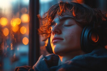Teenager listening music, bus, city lights, evening commute