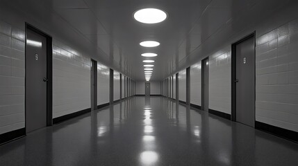 Fototapeta premium A long hallway with many doors and a sign that says 
