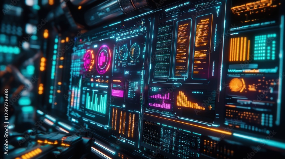 Poster complex data and information are displayed on a futuristic control panel, suggesting innovative prod