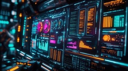 Obraz premium Complex data and information are displayed on a futuristic control panel, suggesting innovative production processes and advanced technological capabilities in a high tech environment