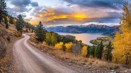 Obraz premium winding mountain road curves through autumn forest toward crystalline alpine lake, golden hour light bathes distant peaks in warm hues, dramatic clouds reflect on water