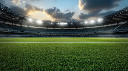 Fototapeta premium Football arena - field silence, empty atmosphere, serene venue, untouched turf, goal area, stadium structure, tranquil setting, sports field, quiet expanse, architectural view, calm surroundings.