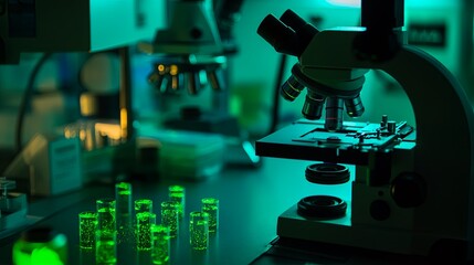 Detailed close-up of glowing green cells under a high-powered microscope in a laboratory environment, surrounded by blurred scientific tools and equipment. Cellular research and scientific exploration