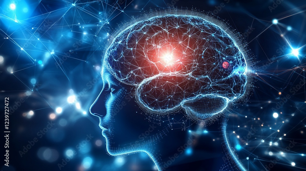Poster abstract digital brain network with glowing nodes representing intelligence connection