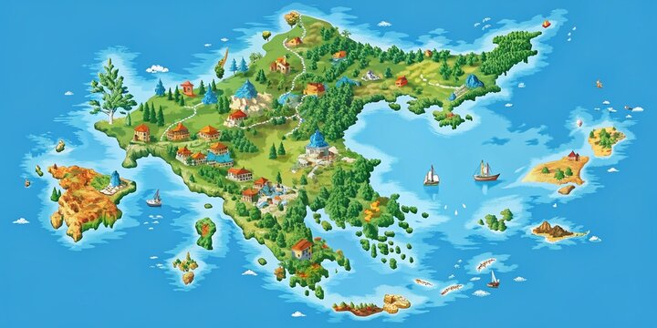 Greece Map with Islands Panoramic Vector Illustration