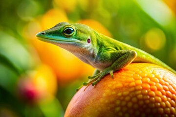Fototapeta premium Green Anole Lizard Climbing on Mango, Tropical Fruit, Reptile, Closeup