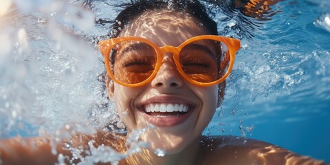Fototapeta premium A joyful woman is swimming happily in the sparkling, clear water under the bright sun, wearing vibrant orange sunglasses and embodying the very essence of carefree summer fun and relaxation vibes