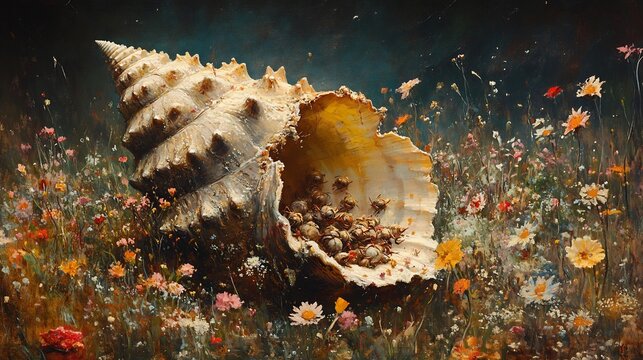 Giant Seashell Nestled Softly in Vibrant Wildflower Meadow. AI Generated