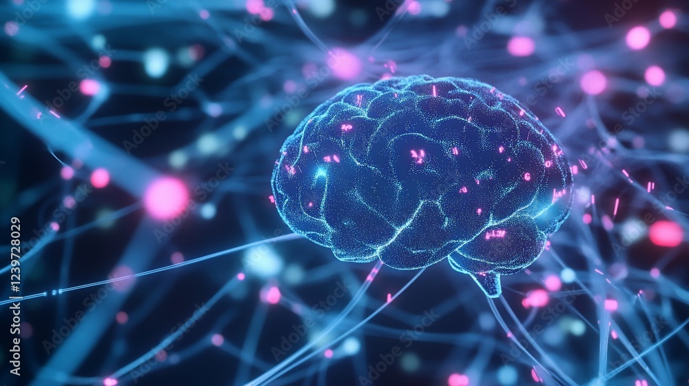 Poster abstract depiction of a human brain with glowing neural network connections