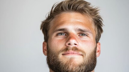 Obraz premium Young man, thoughtful gaze, neutral background, portrait