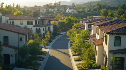 Peaceful residential neighborhood nestled in green hills with a golden hour glow