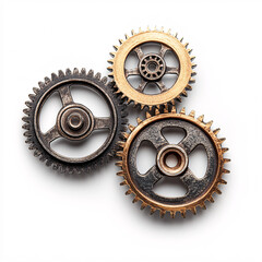 golden and silver metal cogs and gears interlocking on white background