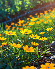 Fototapeta premium A picturesque meadow of yellow flowers near trees under the warmth of the sun Anime Wallpaper Background Illustration Aesthetic