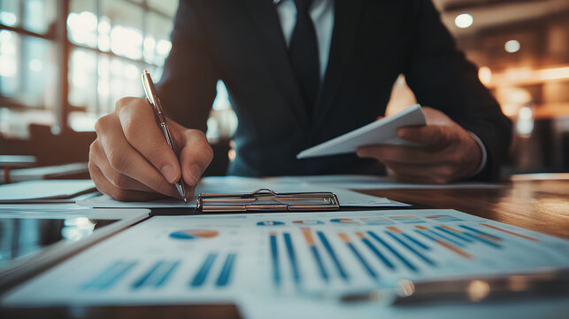 Finance and accounting, business analysis concept. Businessman analyzing business data, financial grpah report, budget and tax management, economic grwoth, strategy, planning and solution