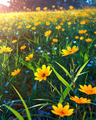 Fototapeta premium Golden yellow wildflowers covering a sunlit meadow surrounded by trees on a bright day Anime Wallpaper Background Illustration Aesthetic