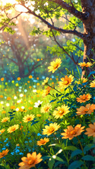 Obraz premium Sunlit meadow with bright yellow wildflowers near the edge of tall leafy trees Anime Wallpaper Background Illustration Aesthetic
