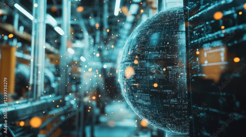 Poster futuristic digital sphere displaying data and complex algorithms within a modern factory, representi