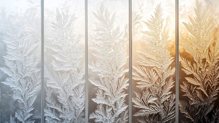 Golden sunrise light illuminates delicate frost patterns on window panes. AI Generated