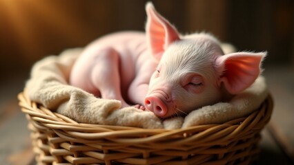 Adorable piglet sleeping in a cozy wicker basket, wrapped in a soft beige blanket. Warm lighting and rustic tones create a comforting, peaceful, and nostalgic scene.
