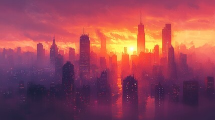 Captivating City Skyline at Sunset - Fine Art Graphic Design Print Media for Commercial Use and Cultural Inspiration