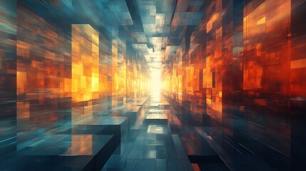 Naklejka premium Abstract Cityscape Glowing Warm Light Reflecting Cubes. AI Generated