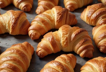 Freshly baked croissants with a warm golden brown color and flaky texture ,  yum ,  baked goods,  food