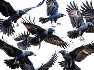 Fototapeta premium Group of Black Crows Flying on White Background Isolated